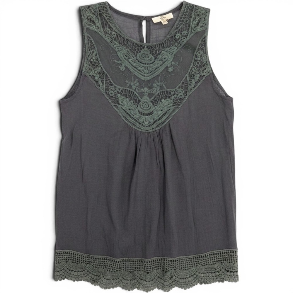 Entro Womens Gray Crochet Lace Trim Sleeveless Boho Blouse Top Sheer Size M